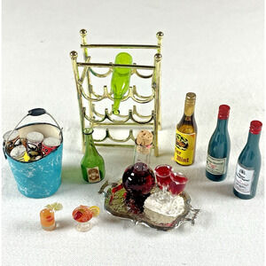 Dollhouse Miniature 1:12 Wine Bottles Beer Bucket Cocktails Alcohol Brass Holder
